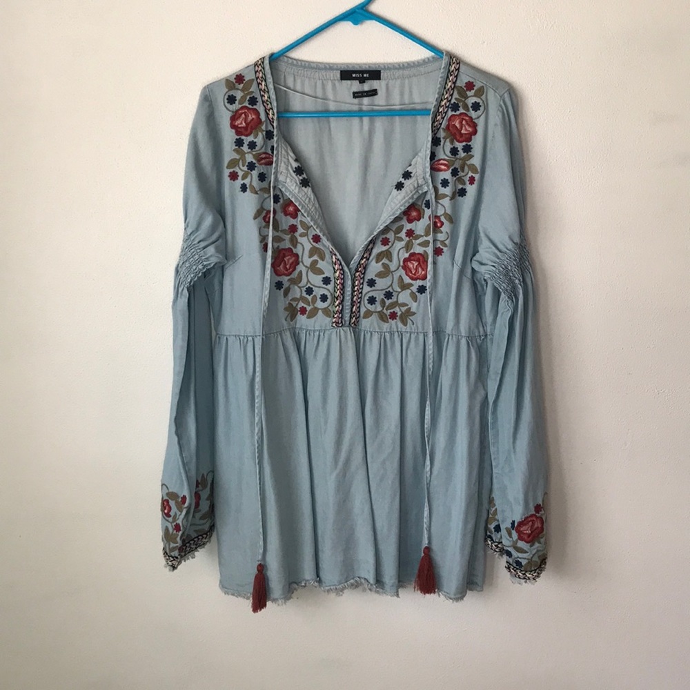 Miss Me Peasant Style Embroidered Blouse